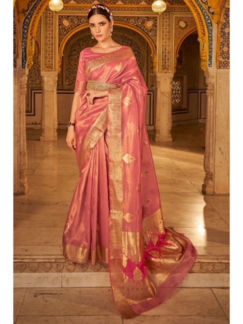 

KARAGIRI Pink & Gold-Toned Woven Design Zari Banarasi Saree