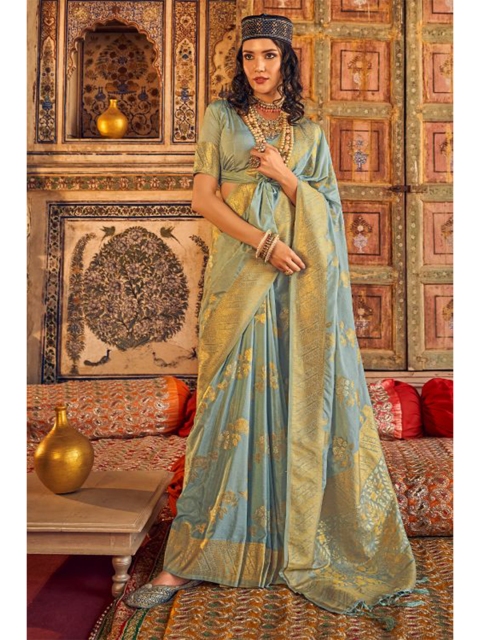

KARAGIRI Blue & Gold-Toned Floral Zari Saree