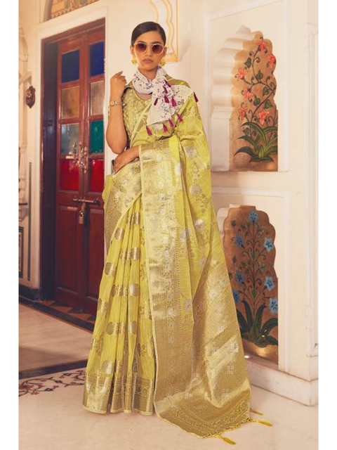 

KARAGIRI Yellow & Gold-Toned Woven Design Zari Linen Blend Saree