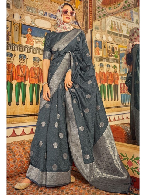 

KARAGIRI Grey & Silver-Toned Floral Zari Satin Saree