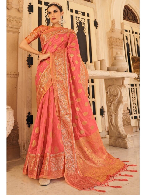 

KARAGIRI Pink & Gold-Toned Woven Design Zari Organza Saree
