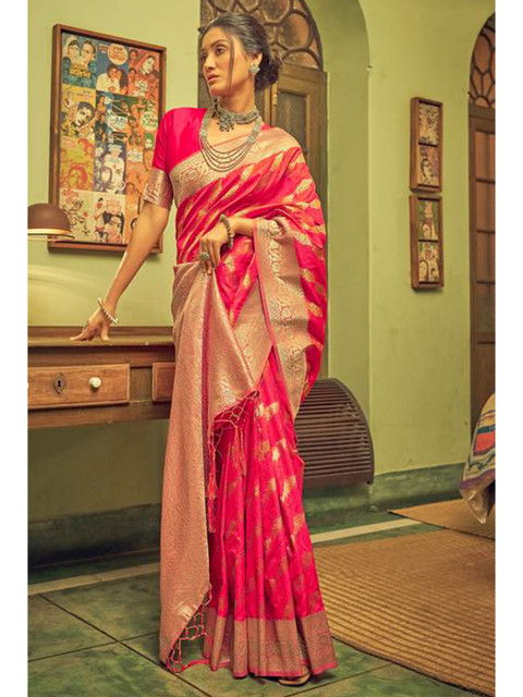 

KARAGIRI Pink & Gold-Toned Ethnic Motifs Zari Saree