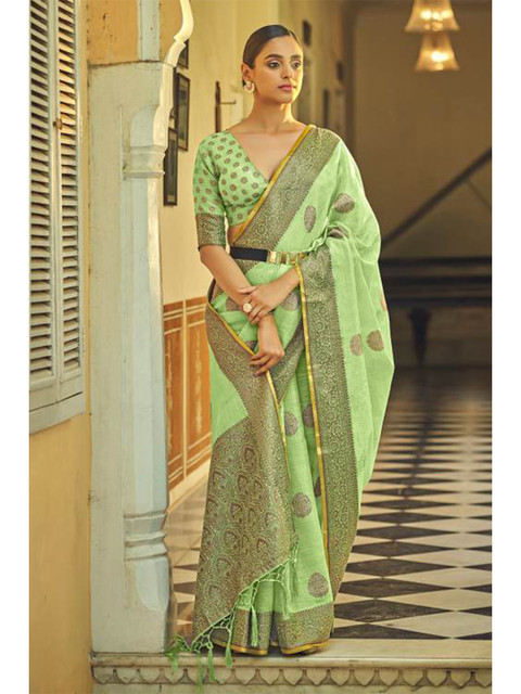 

KARAGIRI Green & Gold-Toned Woven Design Zari Linen Blend Saree