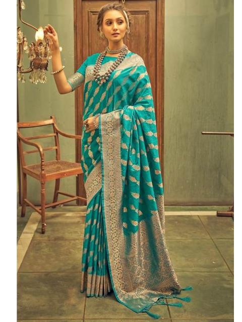 

KARAGIRI Teal & Gold-Toned Woven Design Zari Saree