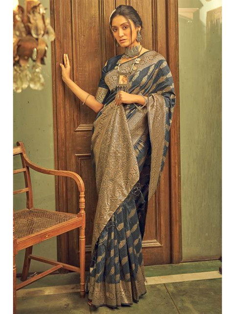 

KARAGIRI Grey & Gold-Toned Woven Design Zari Saree