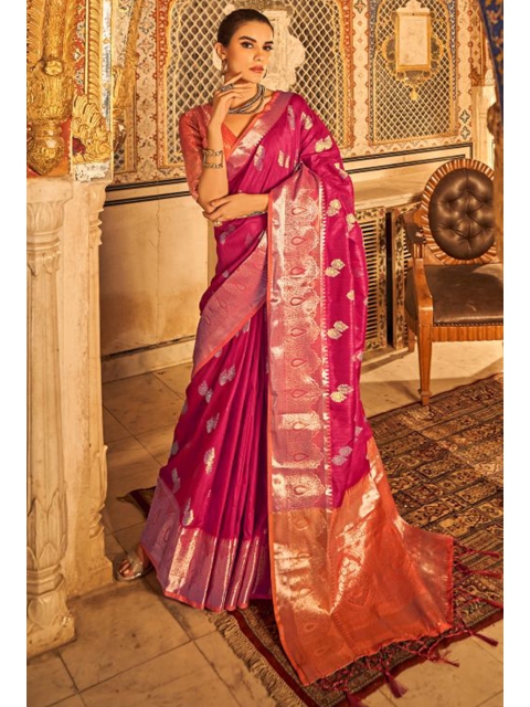 

KARAGIRI Pink & Gold-Toned Woven Design Zari Tussar Saree