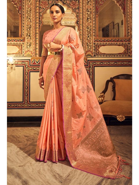 

KARAGIRI Peach-Coloured & Gold-Toned Ethnic Motifs Zari Saree