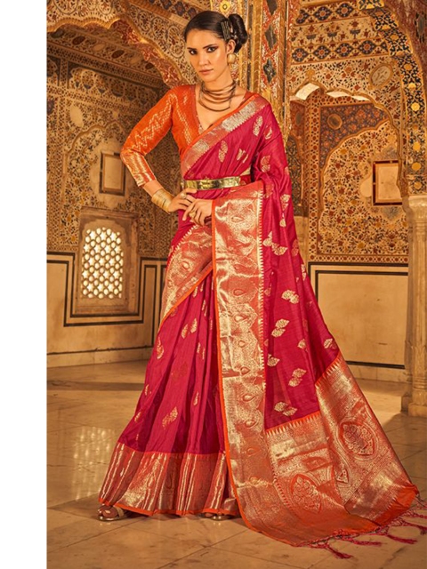 

KARAGIRI Red & Gold-Toned Ethnic Motifs Zari Tussar Saree