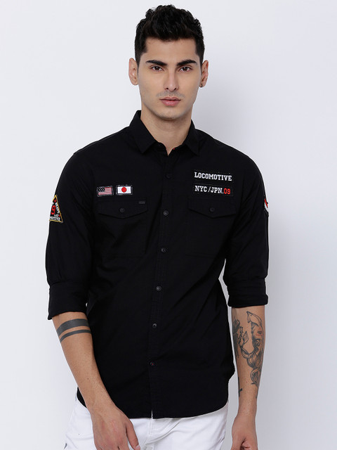 

LOCOMOTIVE Men Black Slim Fit Solid Casual Shirt