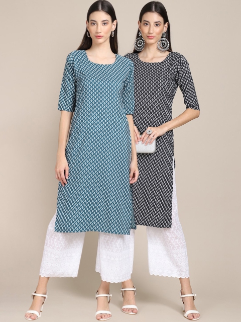 

KALINI PACK OF 2 Women Blue & Black Ethnic Motifs Printed Block Print Handloom Crepe Kurta