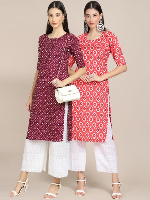 

KALINI PACK OF 2 Women Maroon & Coral Ethnic Motifs Printed Block Print Handloom Kurta