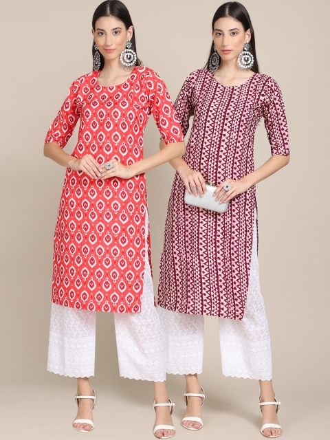 

KALINI PACK OF 2 Women Coral & Maroon Ethnic Motifs Printed Block Print Handloom Kurta