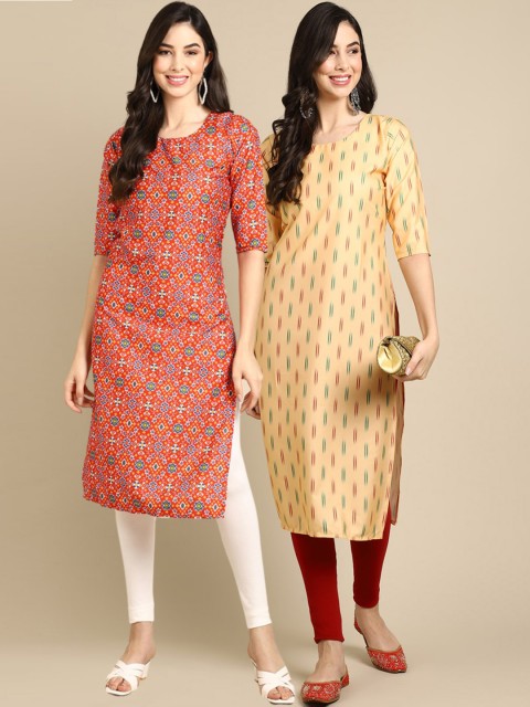 

KALINI Women Pack Of 2 Orange & Cream-Coloured Geometric Printed Crepe Kurta