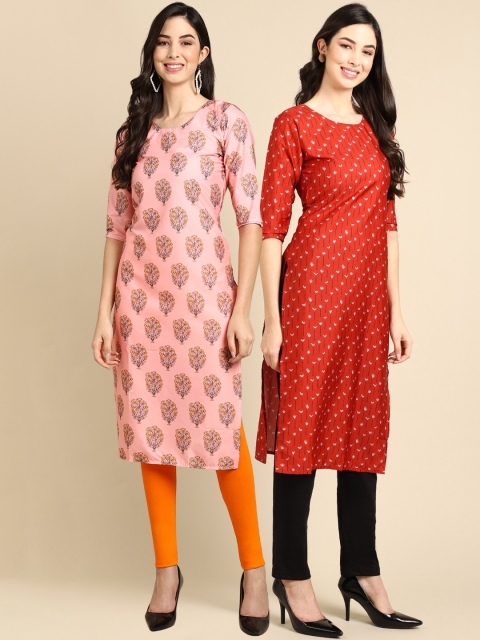 

KALINI Women Pack Of 2 Peach-Coloured & Red Floral Printed Crepe Kurta