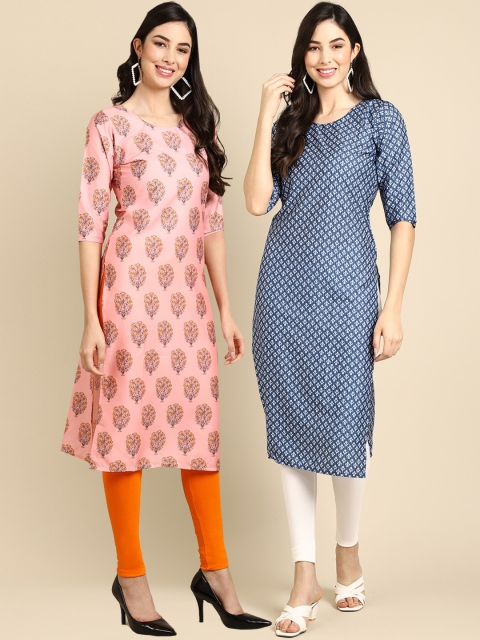 

KALINI Women Pack Of 2 Peach-Coloured & Blue Floral Printed Crepe Kurta