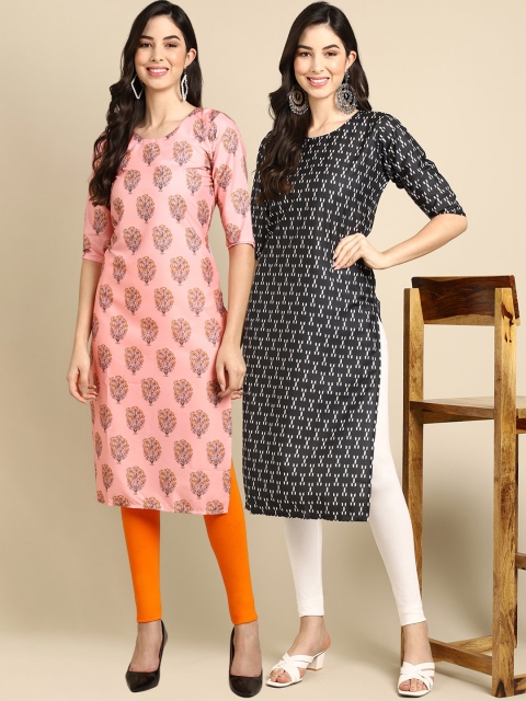 

KALINI Women Pack Of 2 Peach-Coloured & Black Floral Printed Crepe Kurta