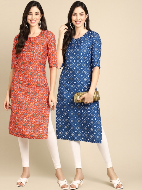 

KALINI Women Pack of 2 Orange & Blue Ethnic Motifs Printed Crepe Kurta