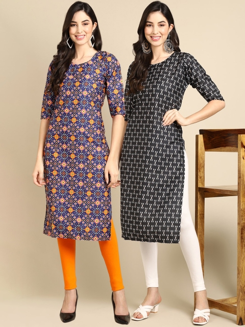 

KALINI Women Pack Of 2 Blue & Black Geometric Printed Crepe Kurta