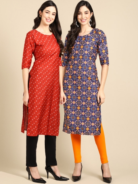

KALINI Women Pack Of 2 Red & Blue Floral Printed Round Neck Crepe Kurta
