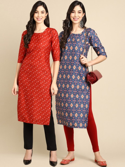 

KALINI Women Pack Of 2 Red & Blue Geometric Printed Block Print Crepe Kurtas