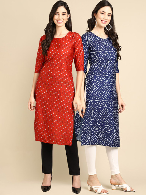

KALINI Women Pack Of 2 Red & Blue Geometric Printed Block Print Crepe Kurtas