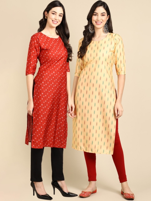 

KALINI Women Pack Of 2 Red & Beige Printed Block Print Crepe Kurtas