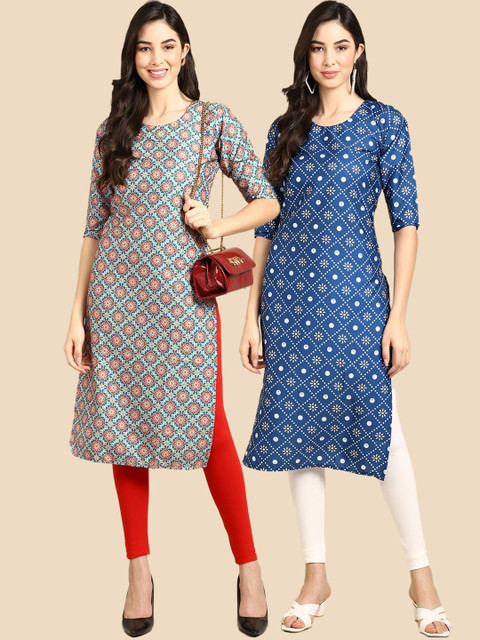 

KALINI Women Pack Of 2 Blue & Red Geometric Printed Block Print Crepe Kurtas