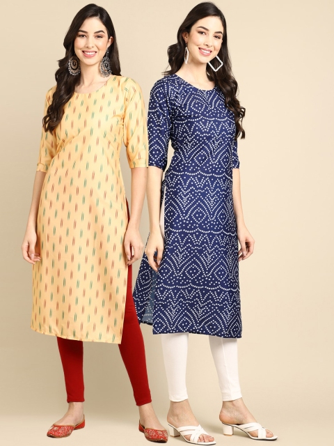 

KALINI Women Pack Of 2 Beige & Navy Blue Printed Block Print Crepe Kurtas