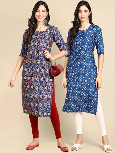 

KALINI Women Pack Of 2 Navy Blue & Red Geometric Printed Block Print Crepe Kurtas