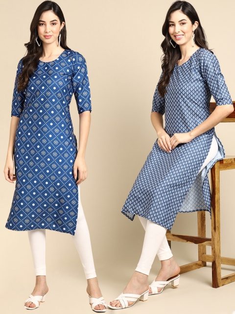

KALINI Women Pack Of 2 Blue & White Geometric Printed Block Print Crepe Kurtas