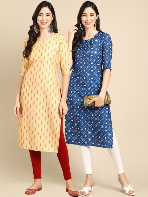 

KALINI (PACK OF 2 Women Yellow & Blue Ethnic Motifs Printed Block Print Handloom Kurta