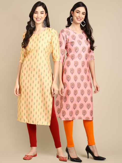 

KALINI Women Pack Of 2 Beige & Pink Striped Block Print Crepe Kurtas