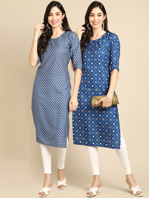 

KALINI PACK OF 2 Women Blue Ethnic Motifs Printed Block Print Handloom Crepe Kurta