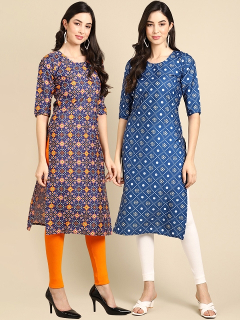 

KALINI Women Pack of 2 Blue Block Print Handloom Crepe Kurta