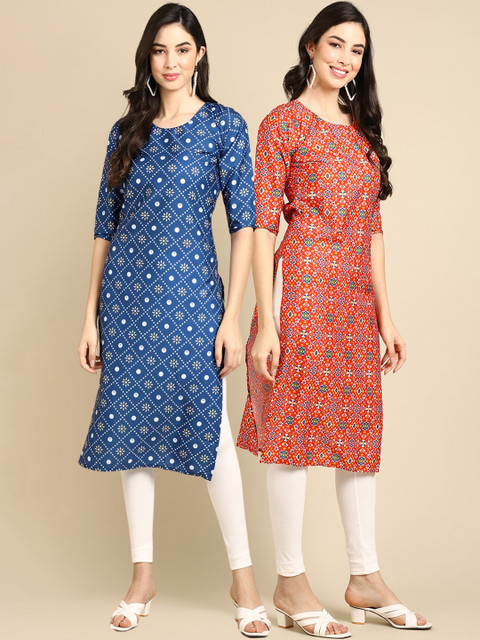 

KALINI PACK OF 2 Women Blue & Orange Ethnic Motifs Printed Block Print Handloom Kurta