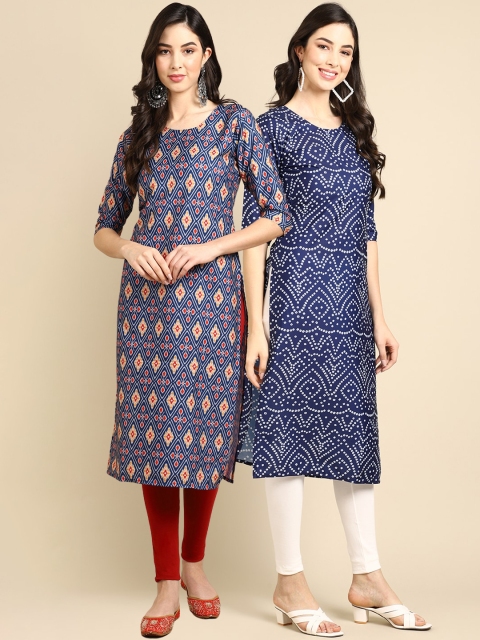 

KALINI Women Pack Of 2 Navy Blue & Maroon Geometric Printed Block Print Crepe Kurtas