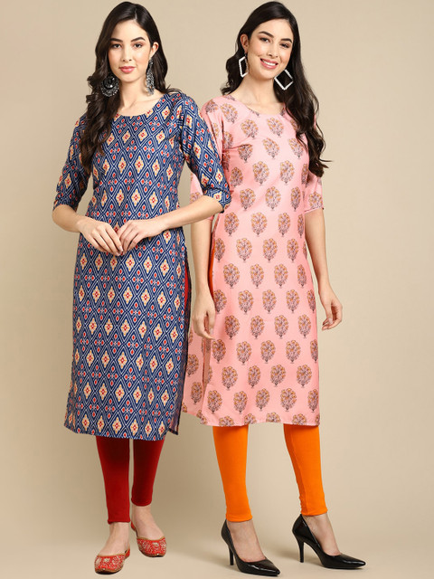 

KALINI Women Pack Of 2 Blue & Peach-Coloured Geometric Printed Crepe Kurta