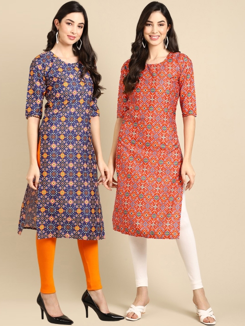 

KALINI Set of 2 Women Printed Block Print Handloom Crepe Straight Kurta, Multi