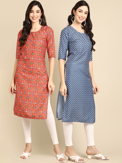 

KALINI PACK OF 2 Women Orange & Blue Ethnic Motifs Printed Block Print Handloom Kurta