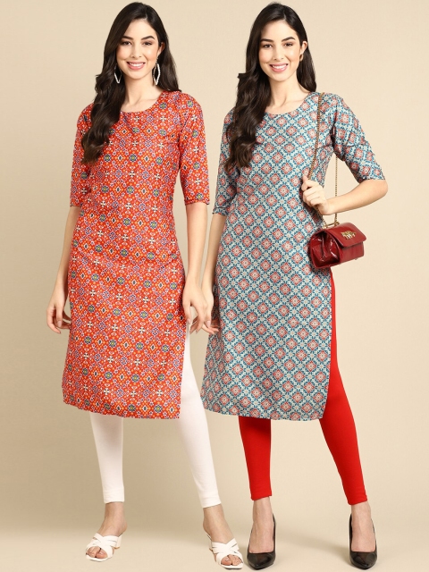 

KALINI Women Pack of 2 Red & Blue Geometric Printed Crepe Kurta