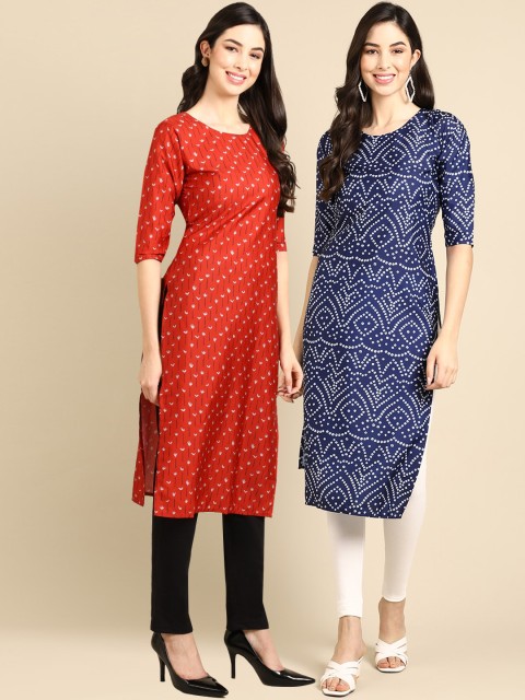 

KALINI PACK OF 2 Women Red & Blue Ethnic Motifs Printed Block Print Handloom Crepe Kurta