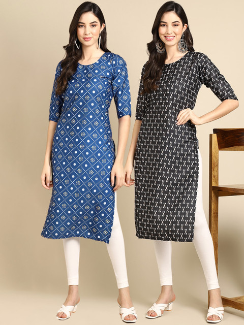 

KALINI PACK OF 2 Women Blue & Black Ethnic Motifs Printed Block Print Handloom Crepe Kurta