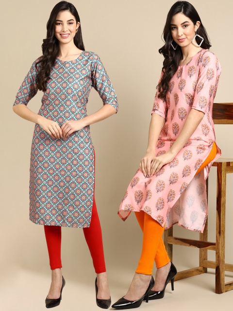 

KALINI PACK OF 2 Women Pink & Blue Ethnic Motifs Printed Block Print Handloom Crepe Kurta