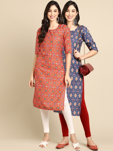 

KALINI PACK OF 2 Women Ethnic Motifs Printed Block Print Handloom Crepe Kurta, Orange