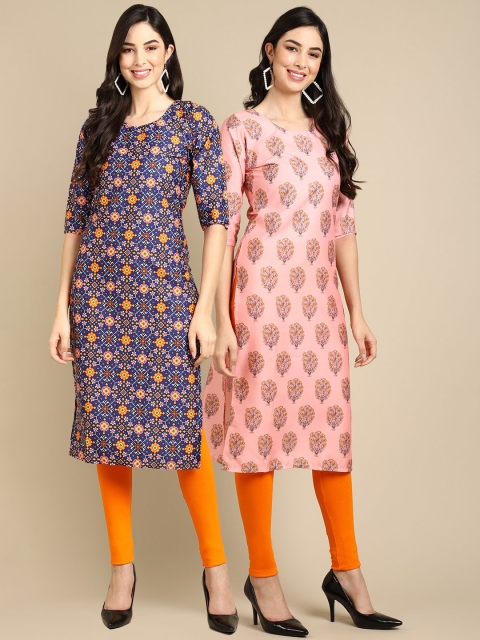 

KALINI Women Pack Of 2 Blue & Peach-Coloured Geometric Printed Crepe Kurta