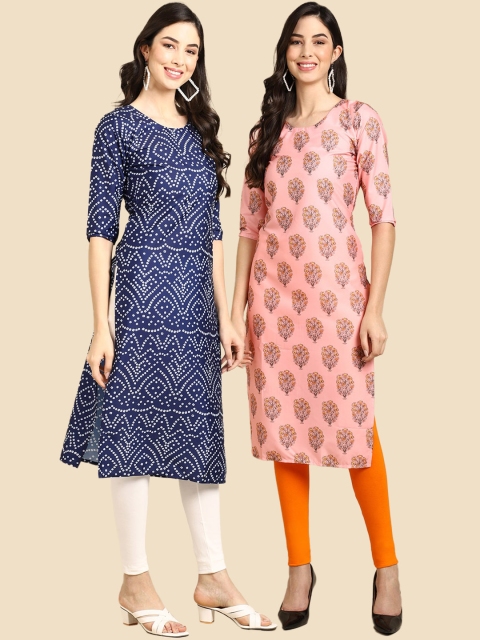 

KALINI PACK OF 2 Women Blue & Pink Ethnic Motifs Printed Block Print Handloom Crepe Kurta