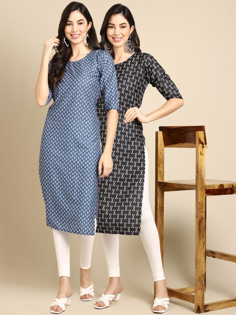 

KALINI PACK OF 2 Women Blue & Black Ethnic Motifs Printed Block Print Handloom Crepe Kurta