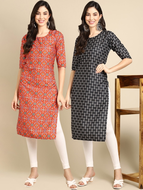 

KALINI PACK OF 2 Women Orange & Black Ethnic Motifs Printed Block Print Handloom Kurta