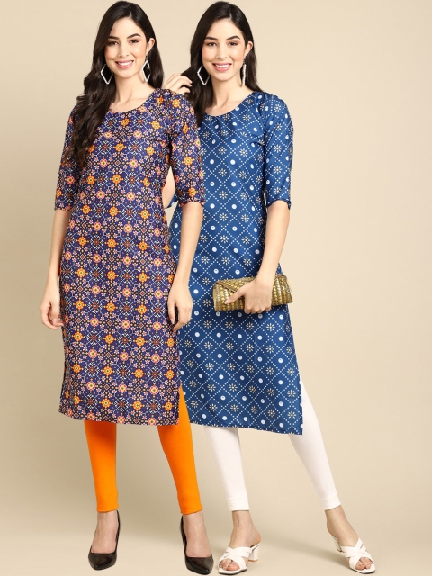 

KALINI PACK OF 2 Women Blue Ethnic Motifs Printed Block Print Handloom Crepe Kurta