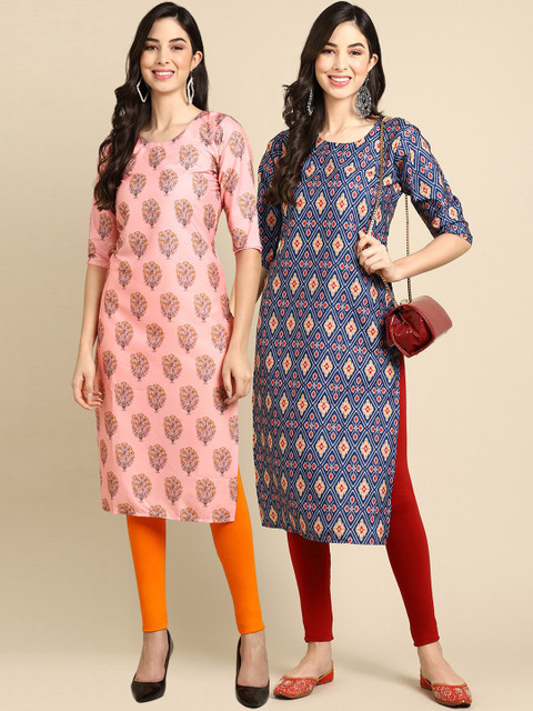 

KALINI Women Pack Of 2 Peach-Coloured & Blue Floral Printed Crepe Kurta